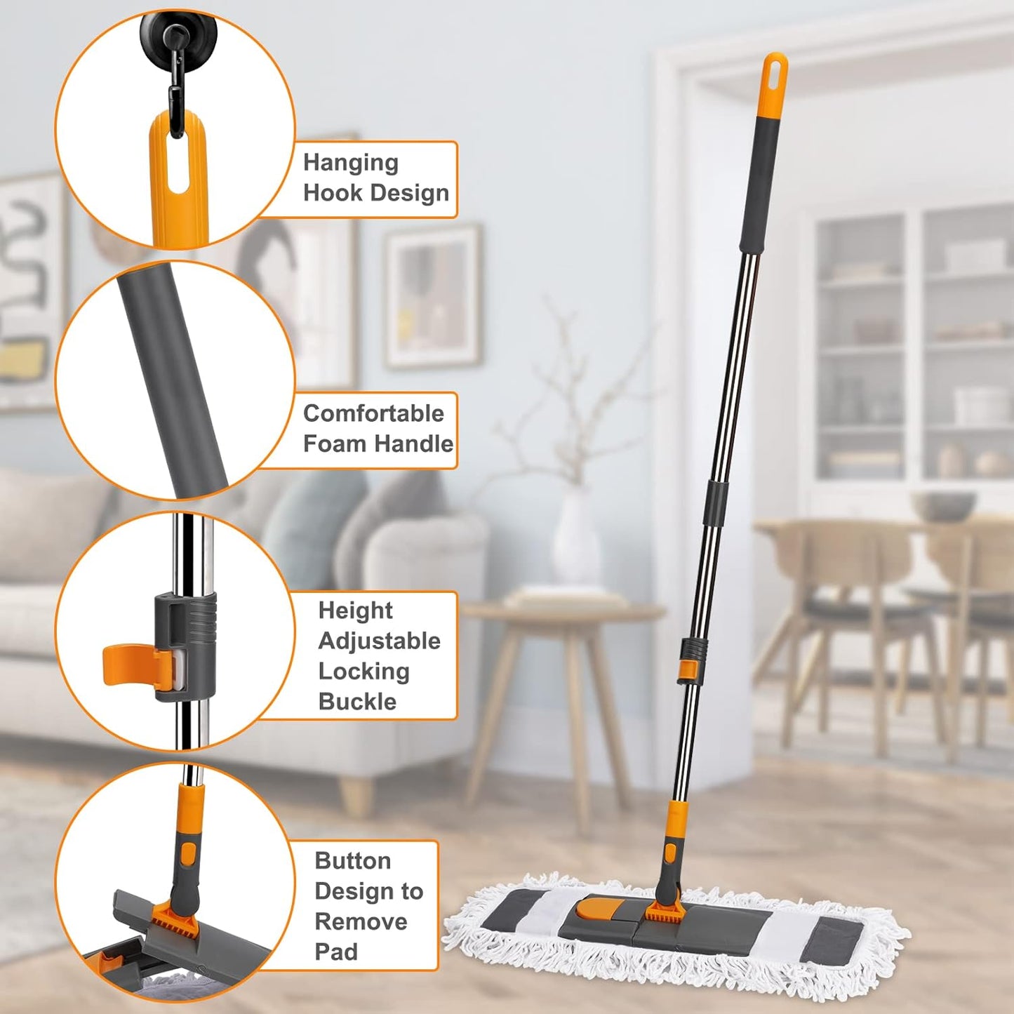 42" Commercial Dust Mop for Floor Cleaning, MASTERTOP Large Flat Mop with Long Handle, Sweeping Broom with 2 Different Mops Pads, Industrial Mop for Hardwood, Tile, Gym, Office, Mall, Warehouse