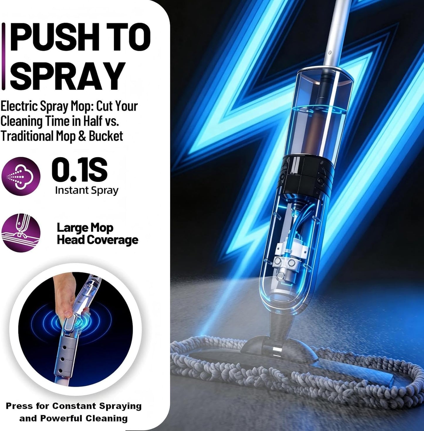 Electric Spray Mop Floor Cleaner with 2 Mopping Pads 720ml Bottle & Scraper 360° Swivel Head Lightweight Cordless Wet Dry Cleaner for Hardwood Floor Cleaning Laminate Tile Wood Vinyl & All Hard Floors