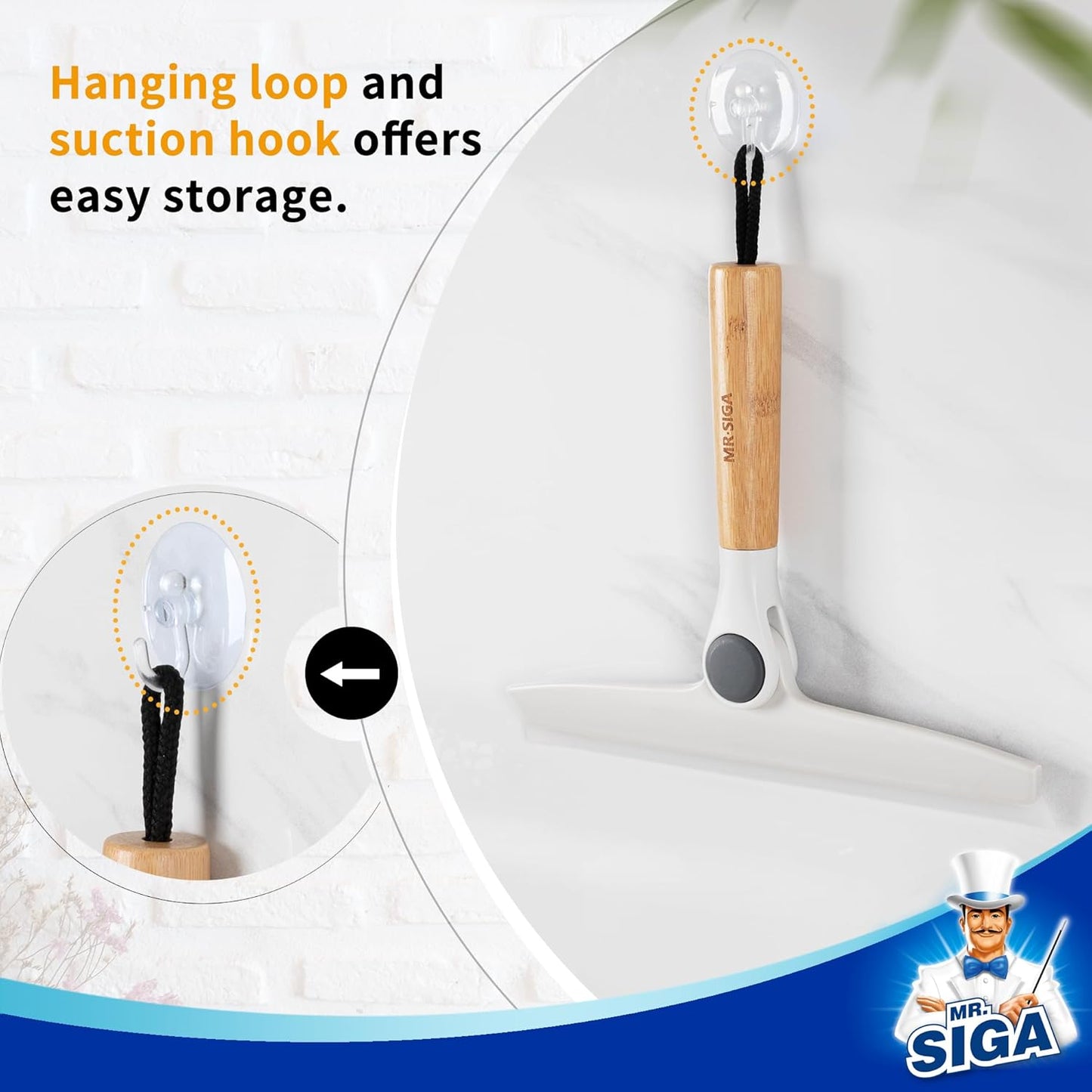 MR.SIGA All Purpose Silicone Squeegee for Shower Door, Mirror, Glass, Streak Free Shower Squeegee, Pivoting Bamboo Handle, Includes 1 Suction Hook, 10 inch Wide, 1 Pack