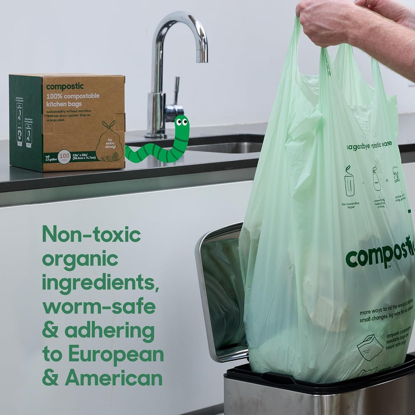 Compostic Compostable Trash Bags, 13 Gallon Tall Kitchen (50 Count) Starter Pack — Extra Strong, Home Compostable, Plant-Based, Non-Toxic, Unscented Garbage Bags