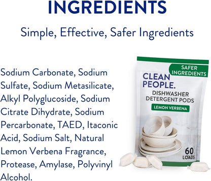 The Clean People Dishwasher Pods - Cuts Grease & Rinses Sparkling Clean - Residue-Free - Phosphate Free Dishwashing Pods (60 Count, Lemon Verbena)