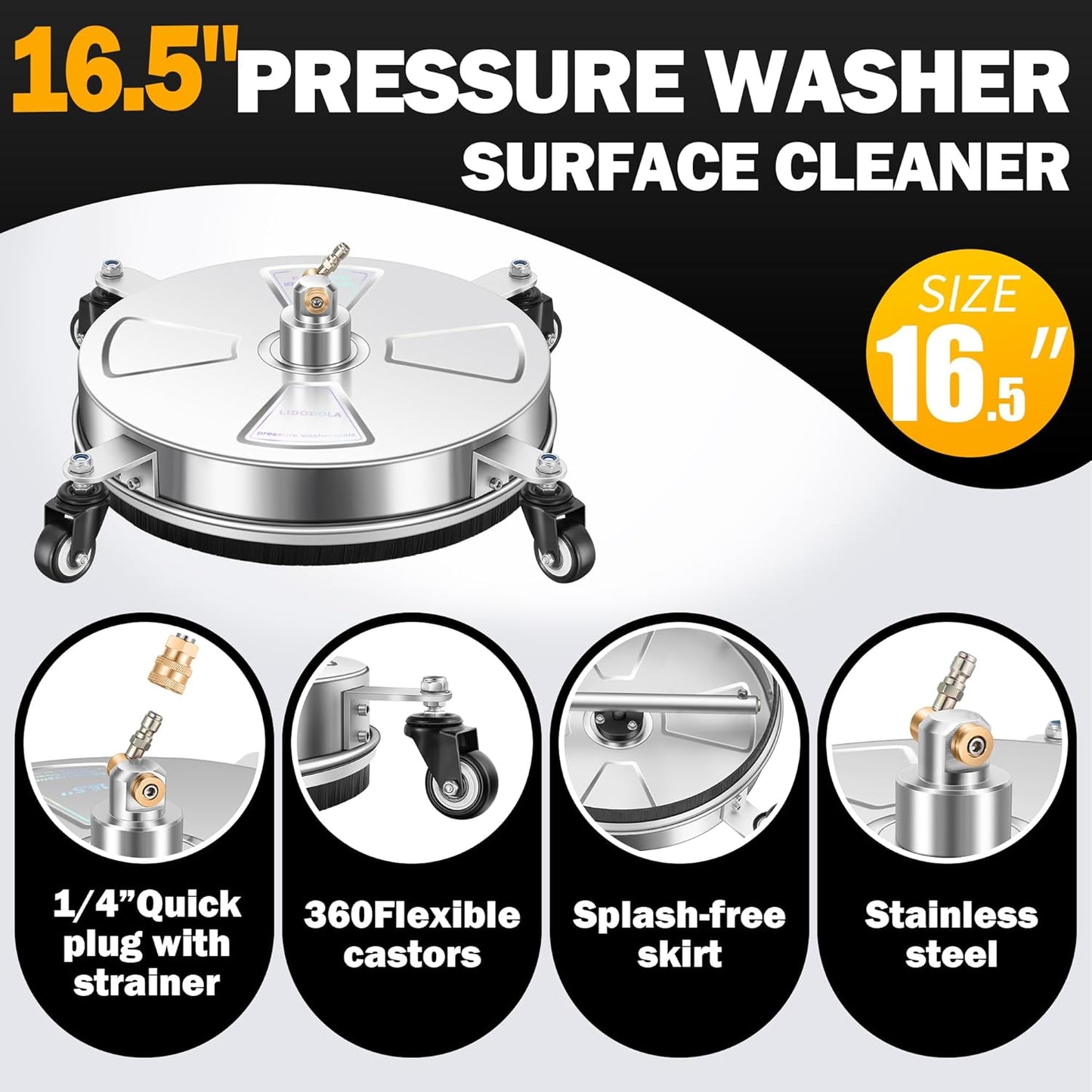 14" Pressure Washer Surface Cleaner with 4 Wheels - Stainless Steel Surface Cleaner for Pressure Washer Attachment for Concrete, Patio, Sidewalk, Deck and Driveways - PWS14
