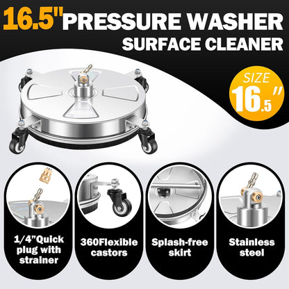 14" Pressure Washer Surface Cleaner with 4 Wheels - Stainless Steel Surface Cleaner for Pressure Washer Attachment for Concrete, Patio, Sidewalk, Deck and Driveways - PWS14