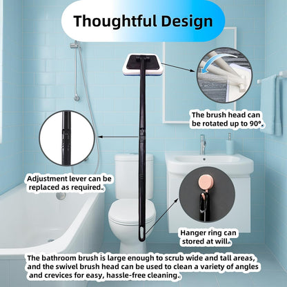 Tub Tile Scrubber Cleaning Brush, Sponge on a Stick for Cleaning Adjustable Long Handled Scrub Brush with 21.7'' Handle for Cleaning Shower Bathroom Vessel Sinks Toilet Wall Floor Black