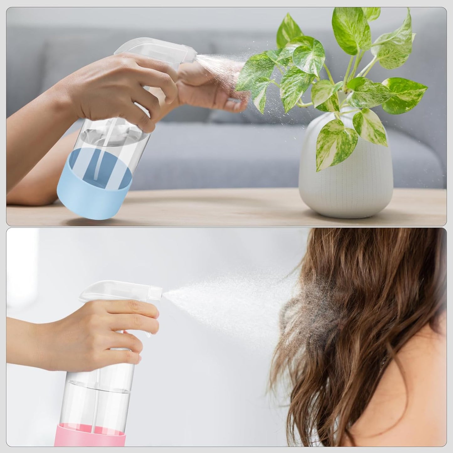 Worldgsb 2 Pack Glass Spray Bottles with Silicone Sleeve, 16 oz Empty Refillable Containers with Adjustable Spray Nozzles, Spray Bottles for Hair, Cleaning Solutions and Plants Blue&Grey