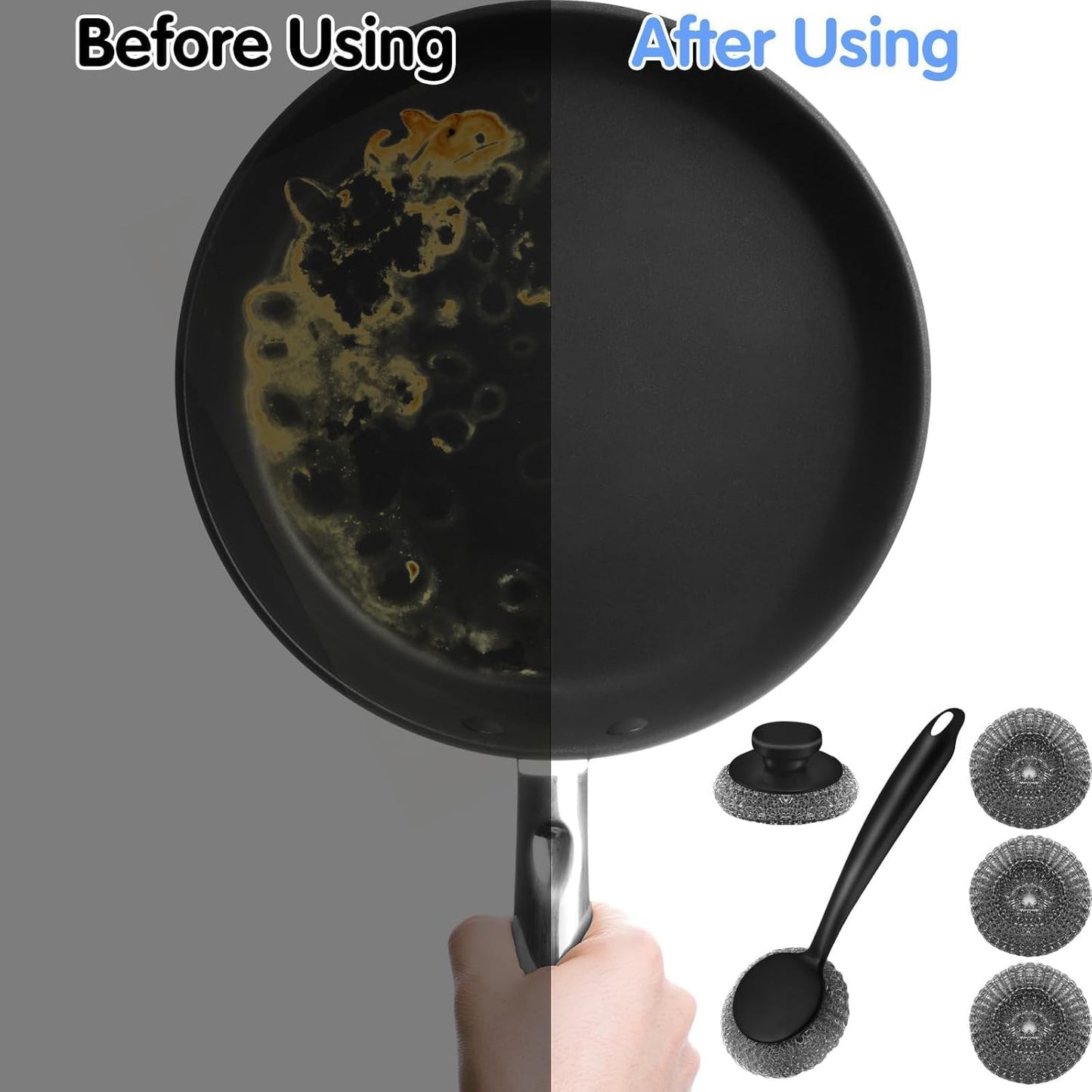 Stainless Steel Wool Scrubber with 2 Replacement Pads - Clean Metal Pans, Pots, Grills & More