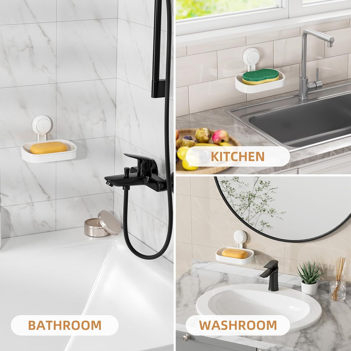 LEVERLOC Soap Holder Shower with Hooks, Bar Suction Cup Soap Dish Tray for Wall, Rust-Proof Stainless Steel Sponge Caddy for Bathroom Accessories Organizer Bathtub Kitchen Sink, Black
