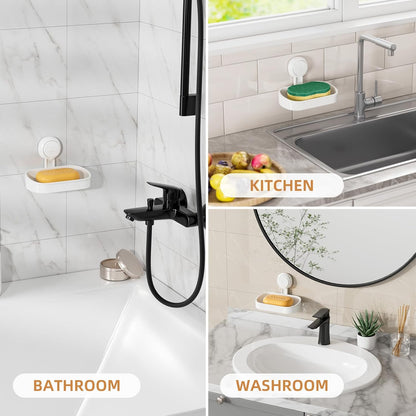 LEVERLOC Soap Holder Shower with Hooks, Bar Suction Cup Soap Dish Tray for Wall, Rust-Proof Stainless Steel Sponge Caddy for Bathroom Accessories Organizer Bathtub Kitchen Sink, Black