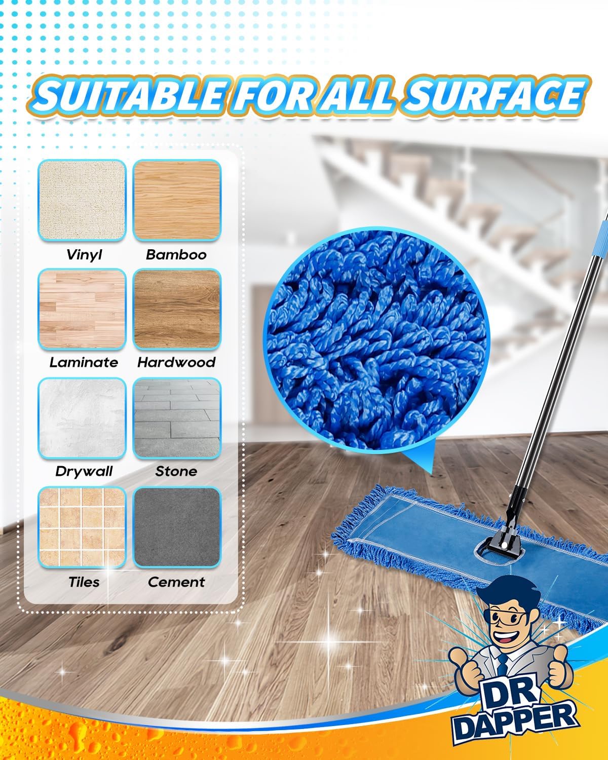 DR DAPPER 36-Inch Commercial Dust Mop Head, Large Washable Microfiber Dust Mop Replacement Head, Sweeper and Janitorial Supplies (Blue-2 Pack)
