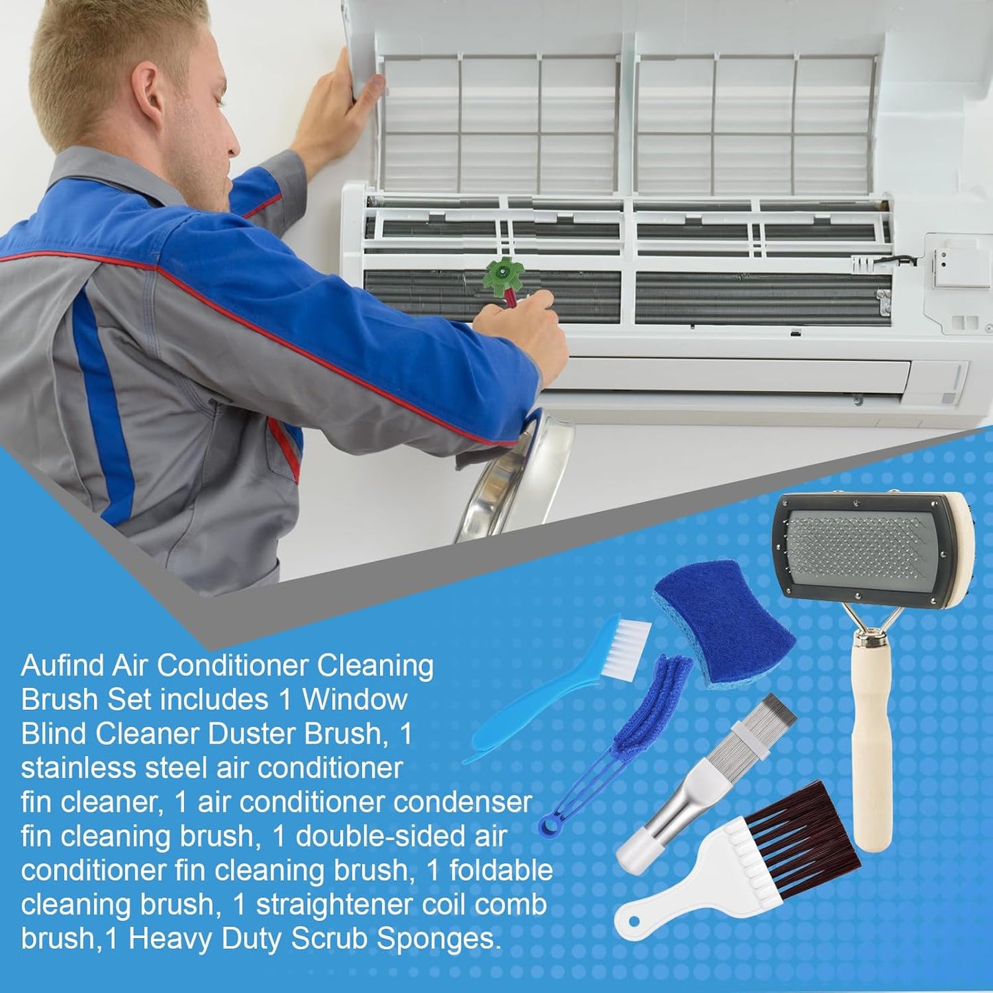 Aufind 7 PCS Different Air Conditioner Fin Cleaner kit, Brush Condenser Ac Coil Cleaner Air Refrigerator Fin Cleaner Evaporator Radiator Repair Clean Tool (Yellow)