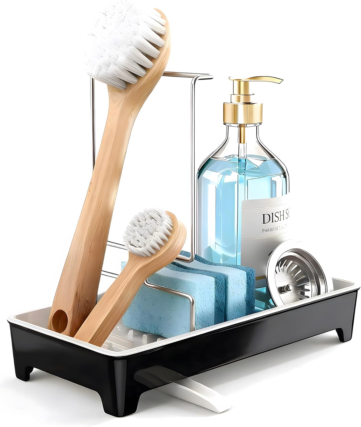 Minimalist Sink Caddy, Rustproof Sponge Holder for Kitchen Sink with 304 Stainless-Steel Brush Holder, Countertop Rack Organizer with Raised Ridges & Silicone Drain Tube (Mint Green, Large)