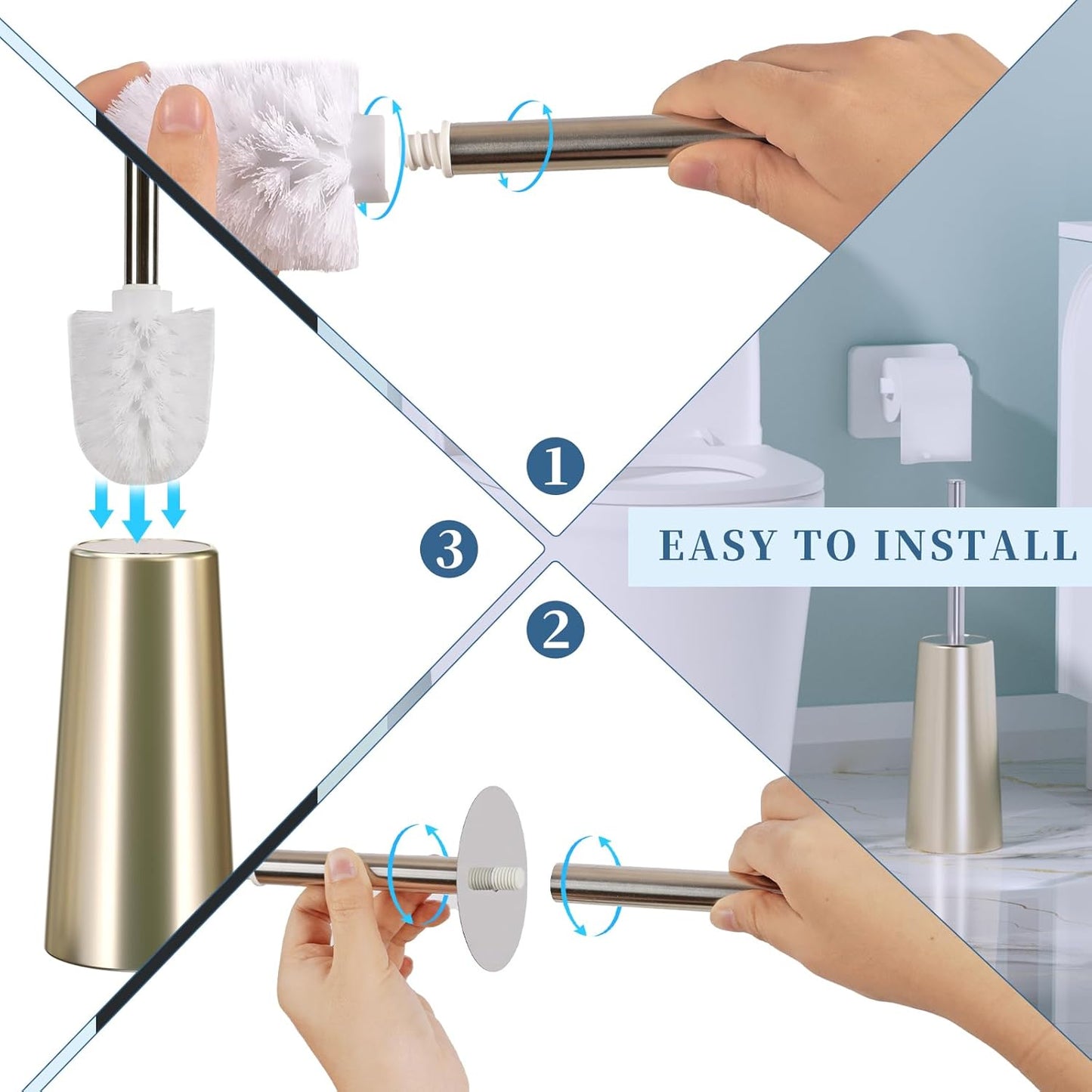 2 Pack Toilet Brush and Holder-with 304 Stainless Steel Long Handle-Toilet Bowl Brush for Bathroom (Champagne Gold)
