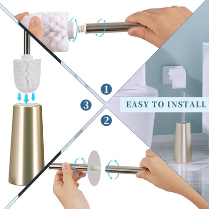 2 Pack Toilet Brush and Holder-with 304 Stainless Steel Long Handle-Toilet Bowl Brush for Bathroom (Champagne Gold)