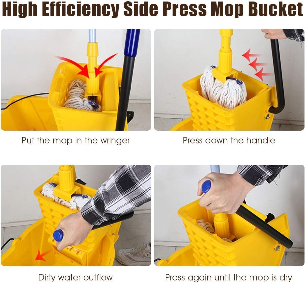 Mop Bucket, Commercial Bucket for Mopping on Wheels with Potable Handle, Mop Bucket with Wringer for Home, Household, Office, Bathroom, Yellow (25 Quarts)
