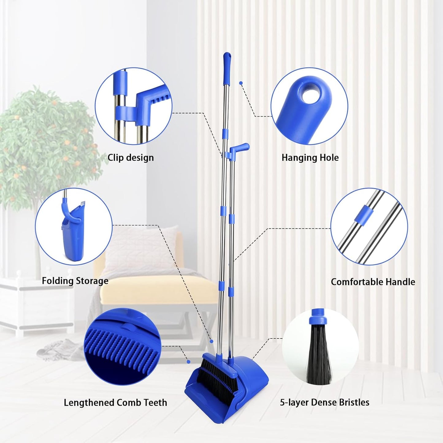 Broom and Dustpan Set with Long Handle, Light Weight Stainless Steel Poles Stand Upright Dustpans with Broom Combo for Home Kitchen Office Pet Dog Hair, Brown & Beige Color, 1-Pack