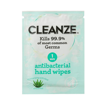 Cleanze Antibacterial Hand Sanitizing Wipes Individually Wrapped with Aloe, Unscented Disinfecting Hand Wipes for Travel and On the Go Sanitizing, Kills 99.9 Percent of Germs, 50 Count