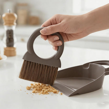 Mini Broom and Dustpan Set with Round Handle, Compact Small Hand Broom with Soft Bristles for Kitchen Counter, Desk, Drawer, Pet Area & Car Interior, Space-Saving Portable Cleaning Tool (Coffee)