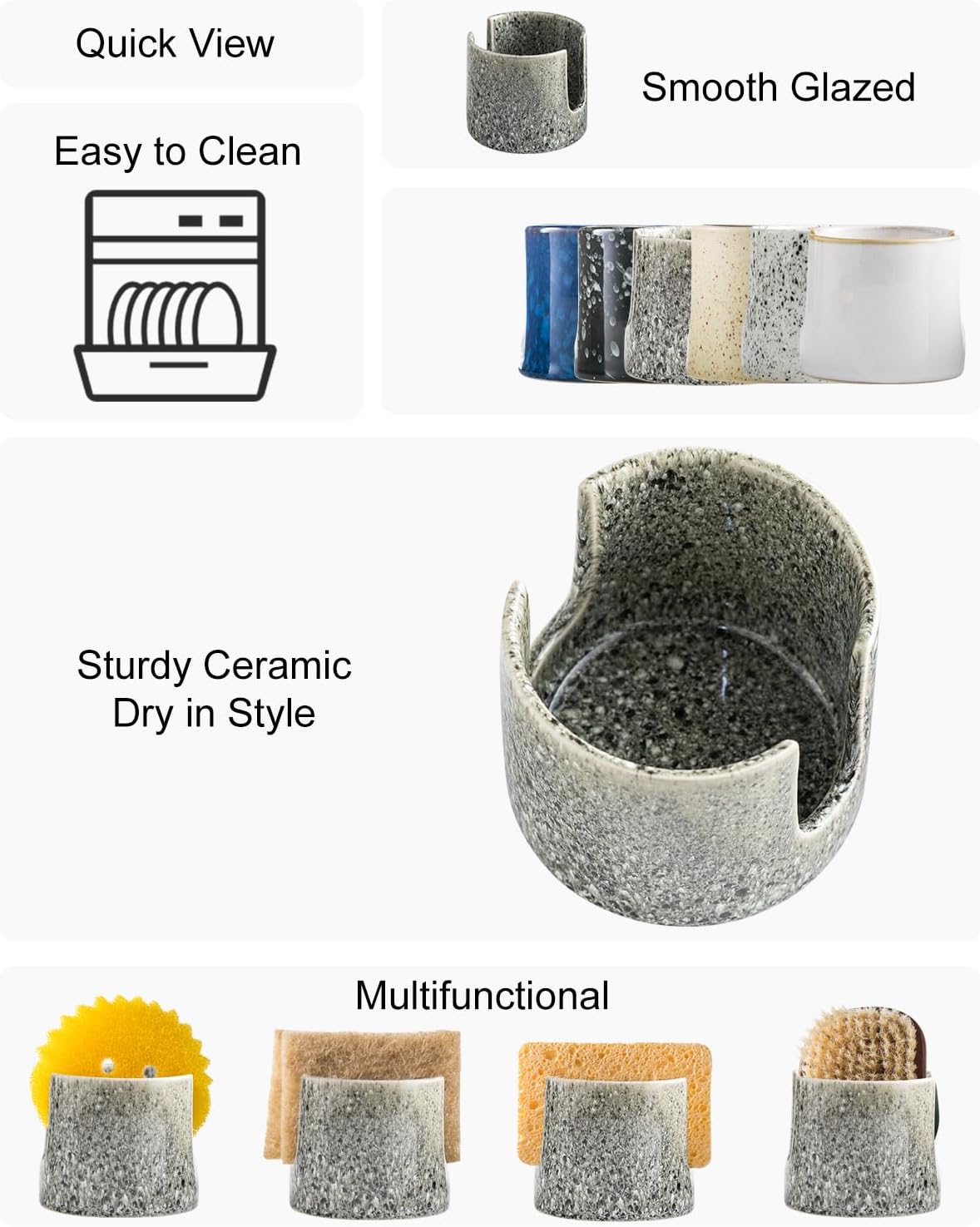 Zoeeker Sponge Holder for Kitchen Sink, Ceramic Dish Sponge Dish Rack Scrubby Caddy Kitchen Organizer Cute Sink Caddy Organizer, Farmhouse Decor, Speckled Glaze