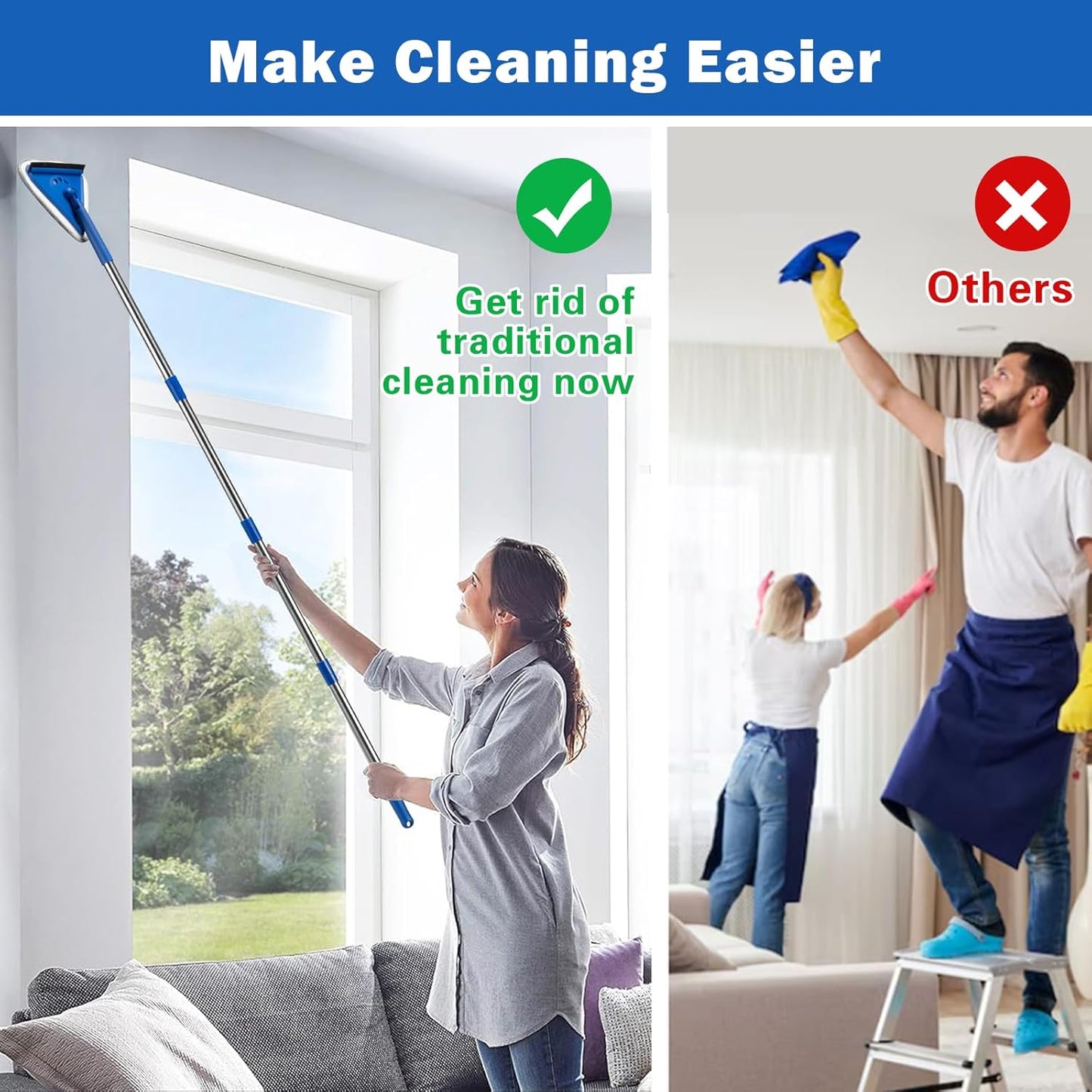 Wall Cleaner Mop with 63" Long Handle, 2 in 1 Window Squeegee and Wall Cleaner Mop, Ceiling Cleaning Cleaner,Car Window Squeegee with 2 Pads for Painted Walls,Glass,Shower,Outdoor High Window