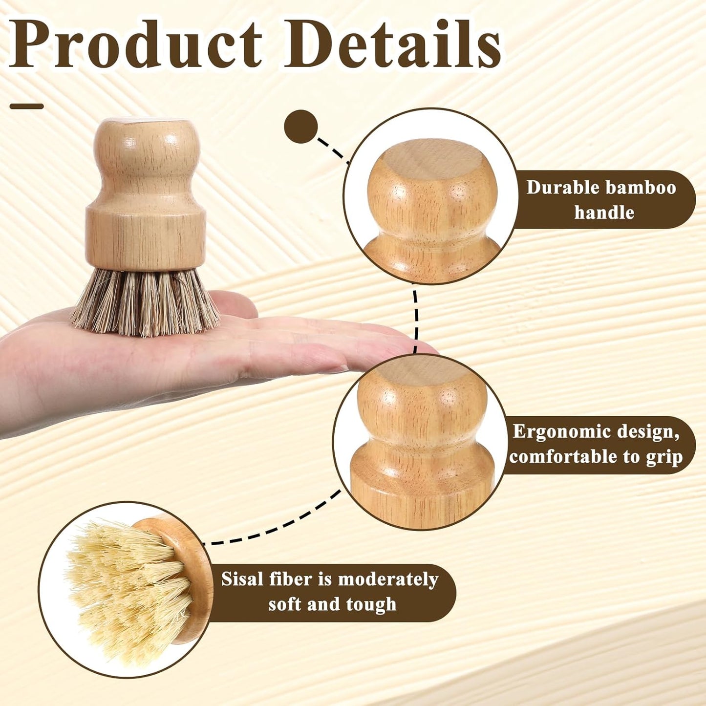 7 Pcs Bamboo Scrub Brushes Set, Kitchen Dishwashing Scrubber with Natural Sisal/Palm Bristles, Round Mini Dish Brush with Ceramic Holder, for Kitchen Sink Pans Pots Vegetables Cleaning