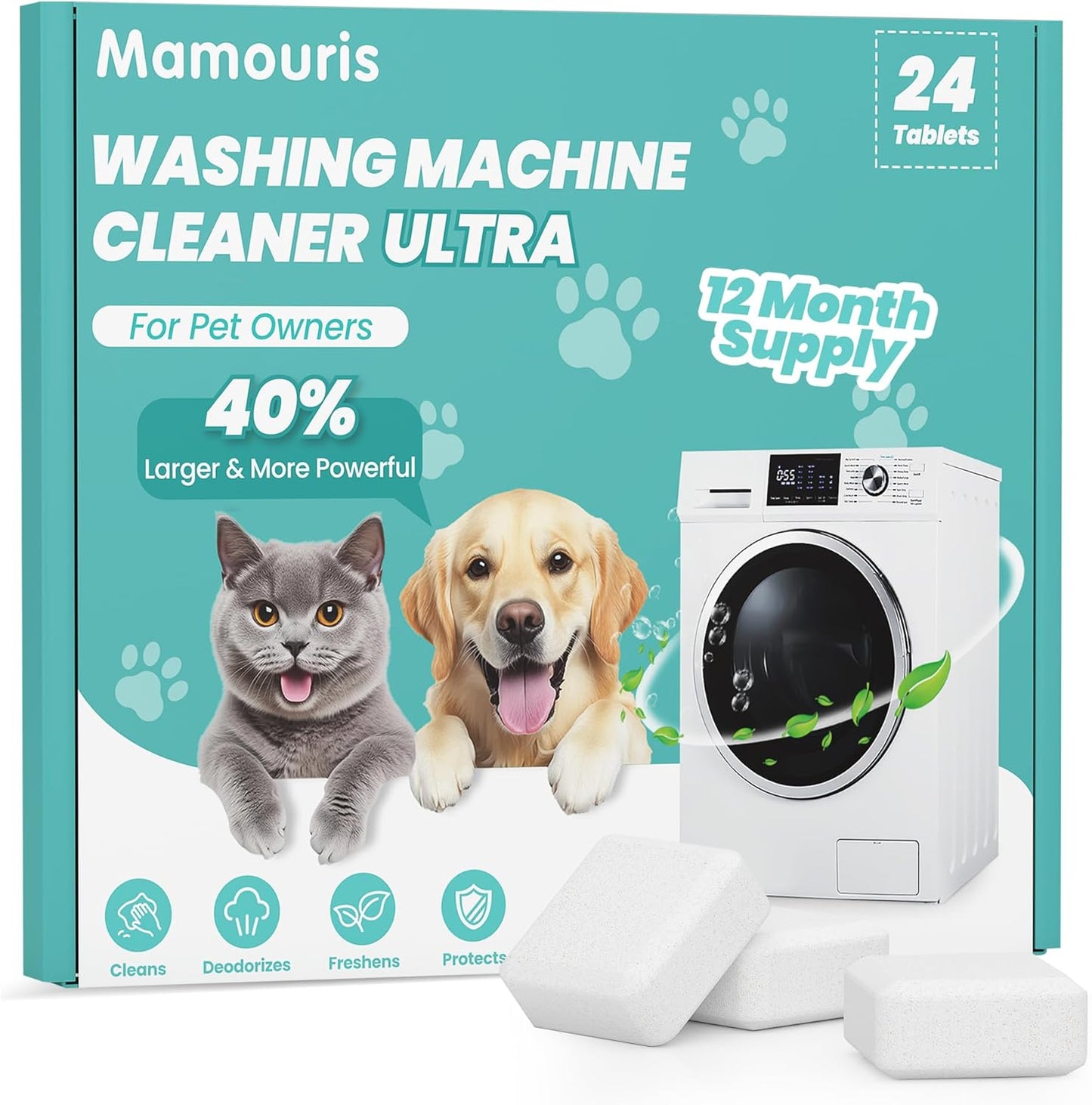 Washing Machine Cleaner Tablets: 24 Pack Deep Cleaning For HE, Front Loader & Top Load Washer, Removes Pet Hair, Odors, Formulated for Pet Owners, Septic Safe, 12 Month Supply, 11G