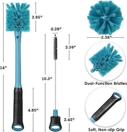 MOSOLAN 2-in-1 Water Bottle Brush and Straw Cleaner Brush, Long Handle Scrub Brush with Replaceable Head for Water Bottles, Glasswares, Mugs, Flasks, Tumblers, Vases, and Kitchen Sink, Smokey Blue