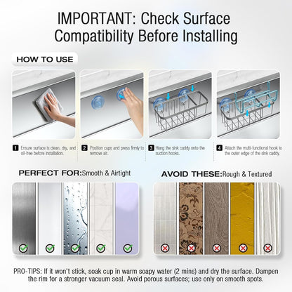 3-in-1 Kitchen Sink Caddy Organizer with Sponge Holder, Brush Holder, Extra Rack for Scrubber, Sink Stopper, Dish Cloth Hanger - Strong Dual Suction Cup, 2.0mm SUS304 Stainless Steel - Grey