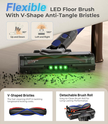 Cordless Vacuum Cleaner, 550W 50KPa 45Mins Vacuum Cleaners for Home, Self-Standing Stick Vacuum with Anti-Tangle Brush & LED Display for Hardwood Floors, Carpet, Pet Hair, Car