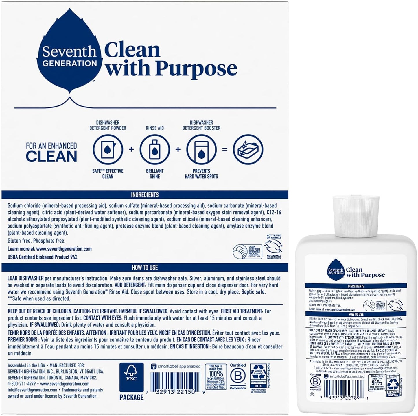 Seventh Generation Dishwasher Detergent Powder + Rinse Aid, Free and Clear, Biodegradable, Plant-Based & Fragrance-Free, Septic Safe