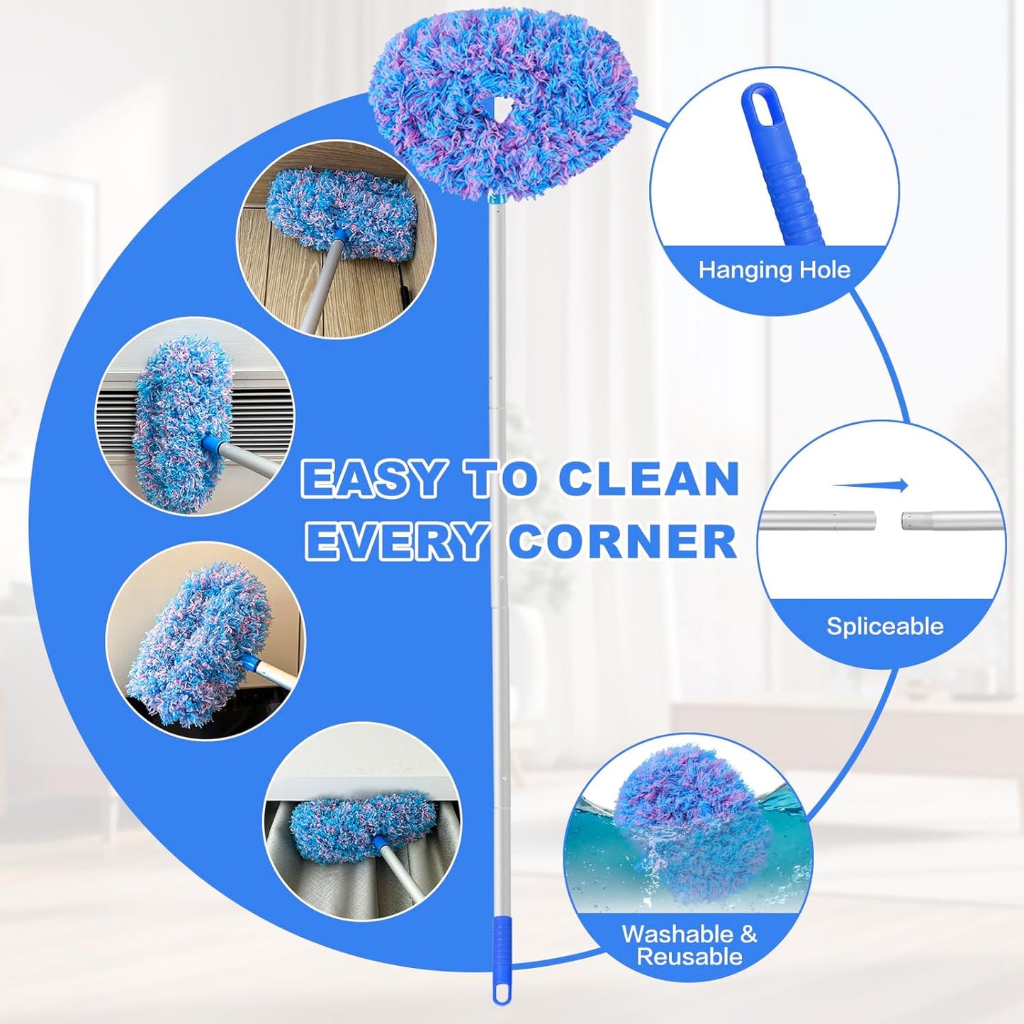 Ceiling Fan Cleaner Duster Reusable Microfiber Ceiling Fan Blade Cleaner Removable Duster with Extension Pole Adjusts 13 to 49.7 Inch for Cleaning Walls Bookshelves Furniture Door Window Top (Blue)