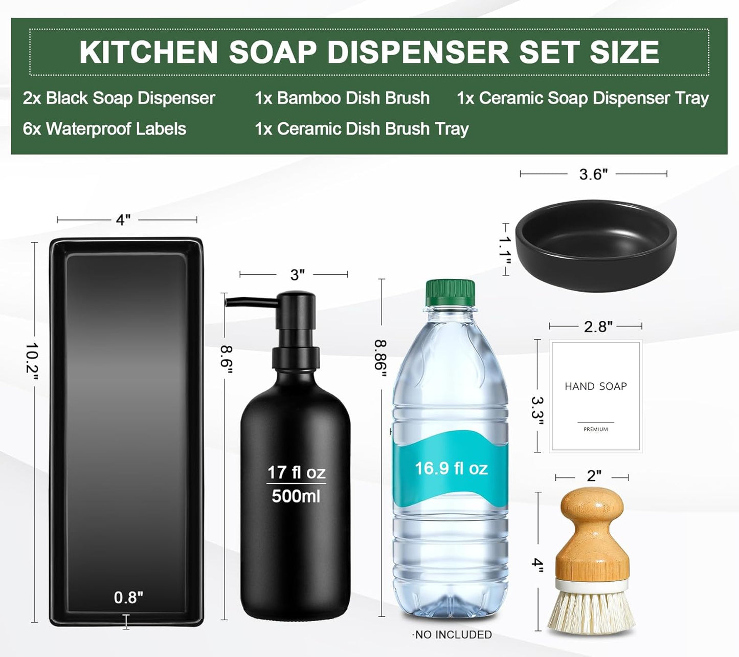 GMISUN Kitchen Soap Dispenser Set, 16 Oz Hand and Dish Soap Dispenser with Ceramic Tray & Bamboo Dish Brush, 2 Pack White Glass Liquid Pump Bottle, Modern Farmhouse Refillable Dish Soap Bottle