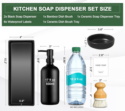 GMISUN Kitchen Soap Dispenser Set, 16 Oz Hand and Dish Soap Dispenser with Ceramic Tray & Bamboo Dish Brush, 2 Pack White Glass Liquid Pump Bottle, Modern Farmhouse Refillable Dish Soap Bottle