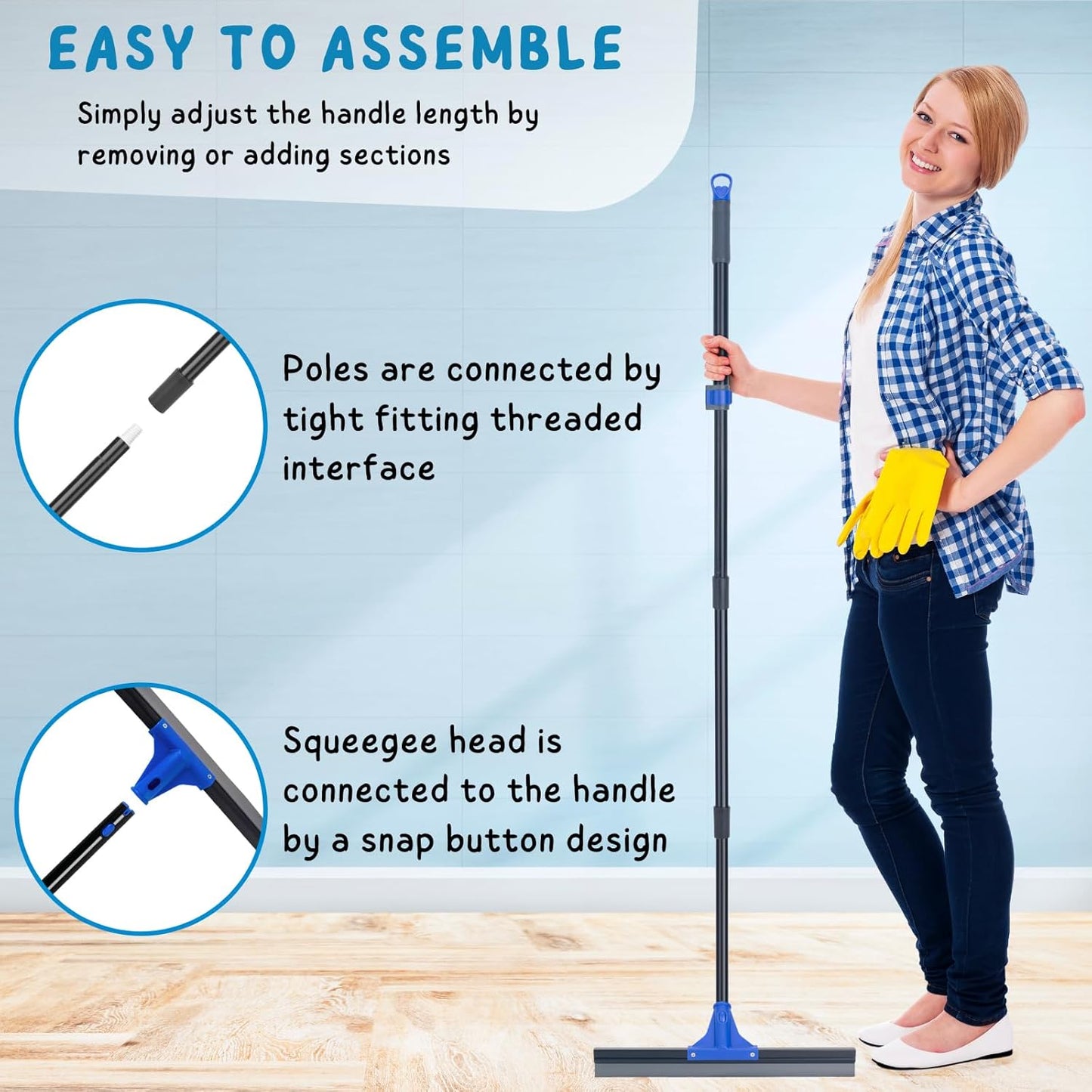 Squeegee Broom for Floor, 18'' Heavy Duty Rubber Wiper with 60'' Long Handle for Bathroom Tile, Garage Concrete, Deck, Shower Glass, Window Cleaning