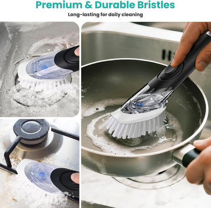 Soap Dispensing Dish Brush, Dish Scrub Brush with Soap Dispenser, Dish Soap Brush for Dishes, Pans, Sink, Pots