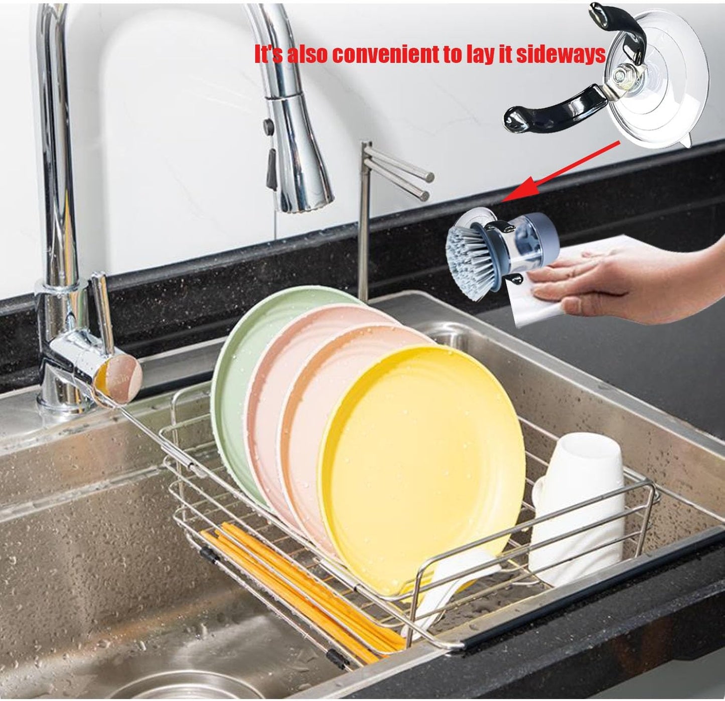 Soap Dispensing Palm Brush Holder Dish Brush Holder for Kitchen Brush Dish Brush With Soap Dispenser Pot Black Sink Stand Organizer (Open)