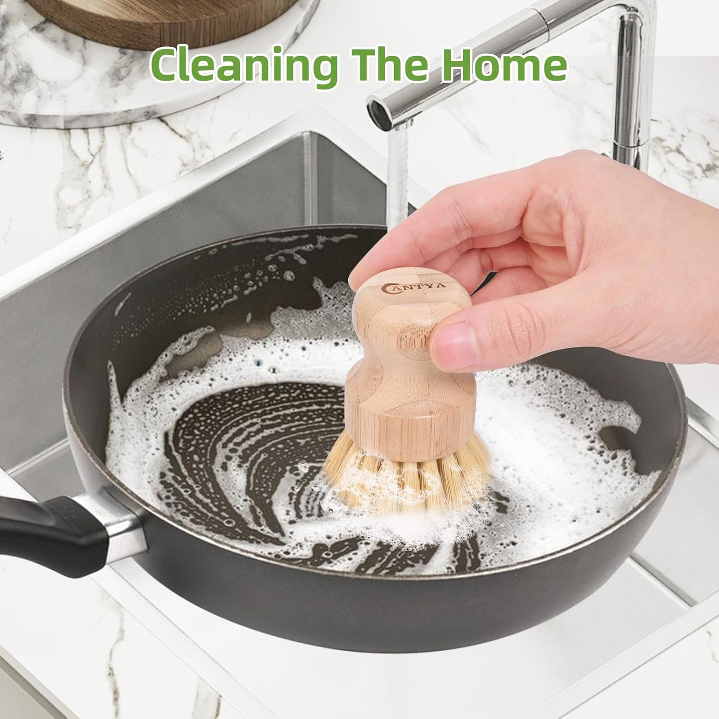 Bamboo Dish Brush with Handle - Soft Bristle, Non Toxic Dish Scrubber Compostable & Sustainable Bamboo Scrub Brush for Dishes, Pots and Pans
