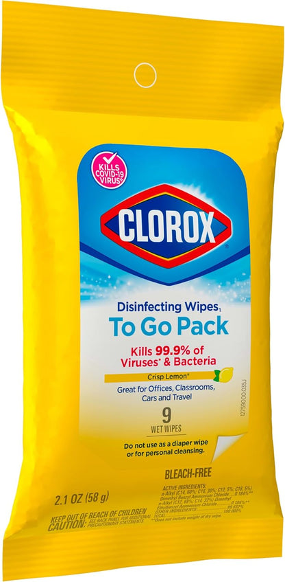 Clorox Disinfecting Wipes To Go Pack, Bleach Free, Fresh Scent, 9 Count, Pack of 24 (Pack May Vary)