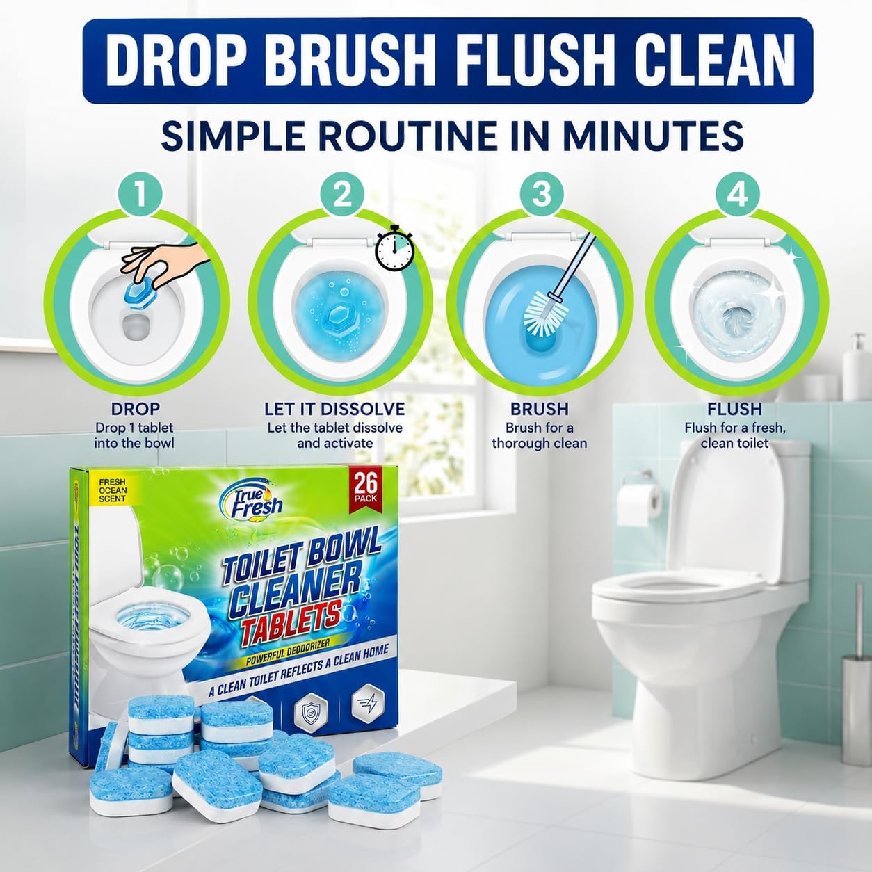True Fresh Toilet Bowl Cleaner Tablets 26 Pack Deodorizer & Septic Safe Deep Cleaning, Odor Eliminator, Stain Remover for Long-Lasting Freshness Fresh Ocean Scent