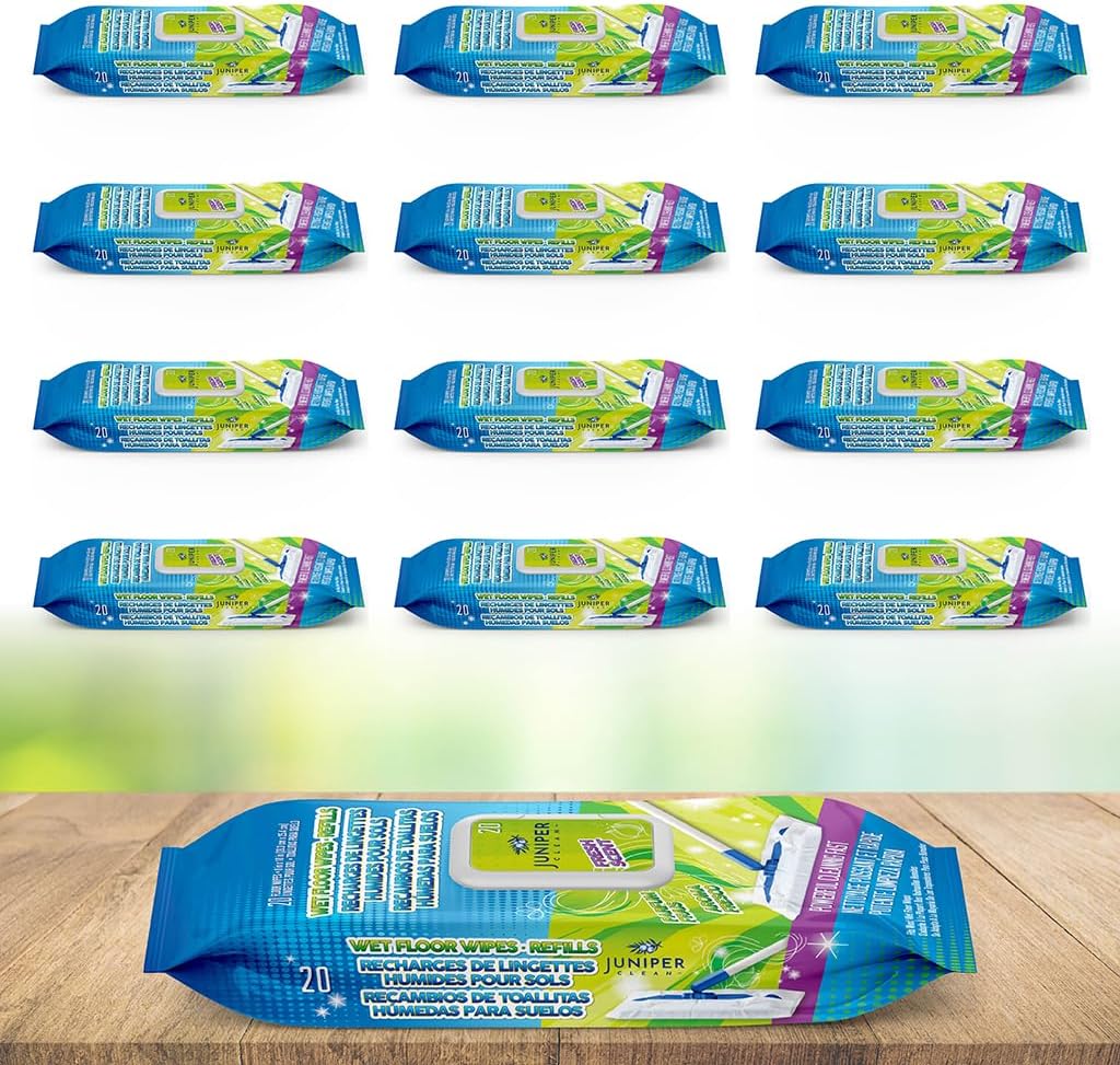 Juniper CLEAN Wet Floor Wipes, Multi Surface Floor Cleaner Wet Mop Pads Fit Swiffer Sweeper Mop, Fresh Scent & Plant-Based Textured Cloth Trap Absorb Dirt, 20 Count (Pack of 12)
