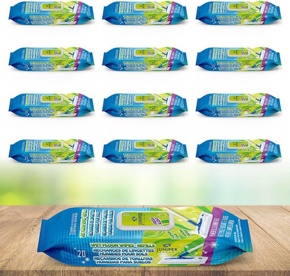 Juniper CLEAN Wet Floor Wipes, Multi Surface Floor Cleaner Wet Mop Pads Fit Swiffer Sweeper Mop, Fresh Scent & Plant-Based Textured Cloth Trap Absorb Dirt, 20 Count (Pack of 12)