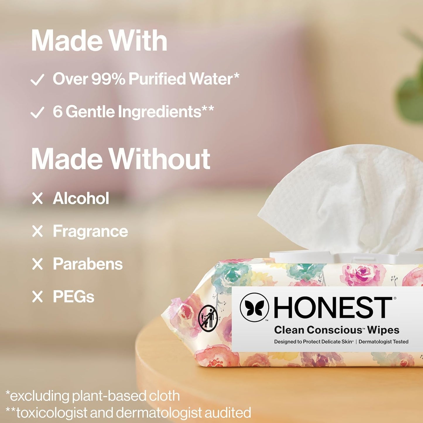 The Honest Company Hypoallergenic Multi-Use Baby Wipes for Sensitive Baby Skin, Rose Blossom, 60 Count