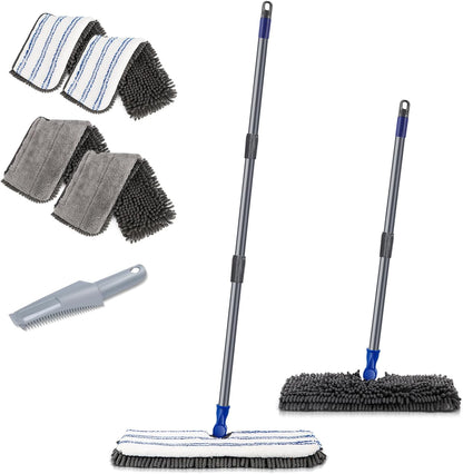 MASTERTOP Microfibre Flat Mop, Extended Wet Dry Large Floor Mop with 5 Reusable Pads & Telescopic Handle, Dust Mops for Laminate Wooden Hard Floor Vinyl Tile Floors Cleaning - Send 1 Cleaning Scraper
