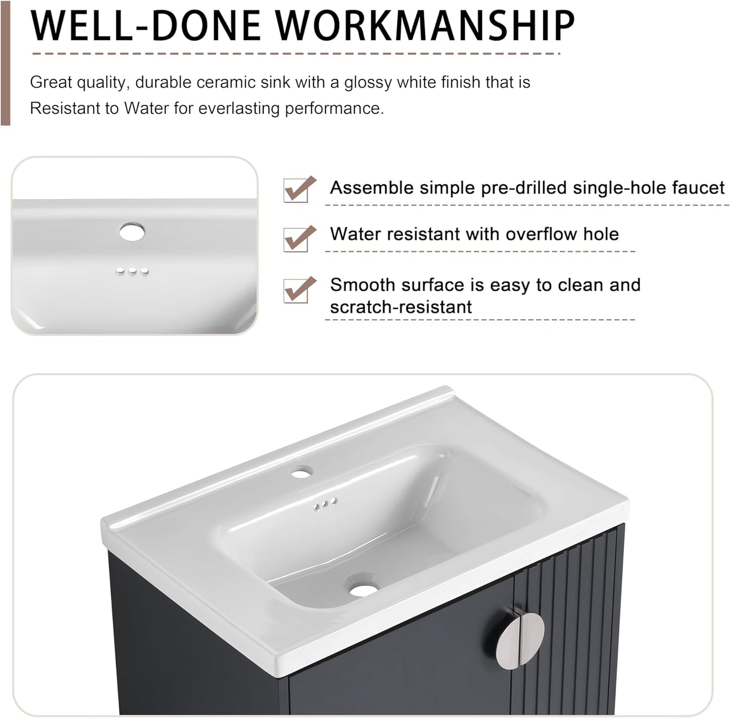 SSLine Modern 24-Inch Bathroom Vanity with Sink Wall Mounted Bathroom Vanity with Top Basin & Storage Cabinet White Wood Floating Vanity w/Ceramic Sink & Gold/Black Handles for Small Space