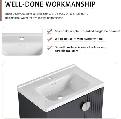 SSLine Modern 24-Inch Bathroom Vanity with Sink Wall Mounted Bathroom Vanity with Top Basin & Storage Cabinet White Wood Floating Vanity w/Ceramic Sink & Gold/Black Handles for Small Space