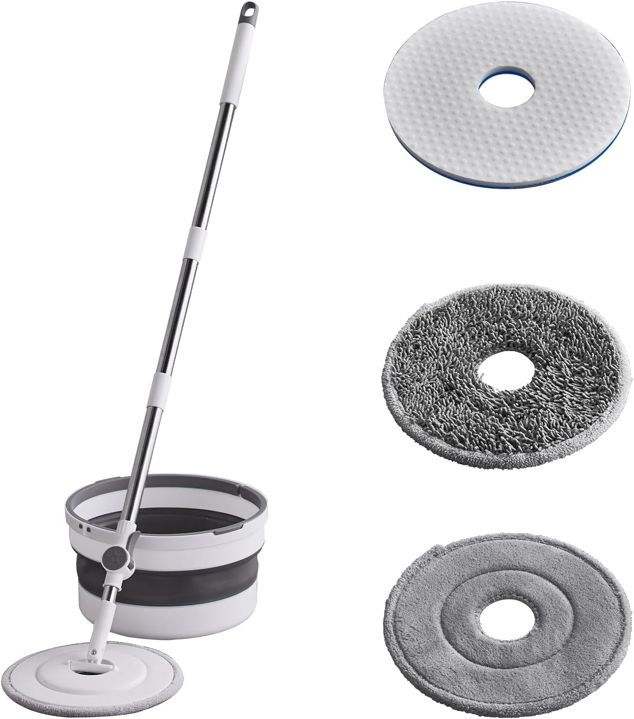 Spin Mop and Bucket Set ，2 Replaceable Microfiber Mop Pads，1 Magic Sponge Eraser pad for Deep-Cleaning Mops for Floors (Mop Set, 10" Mop-Head)