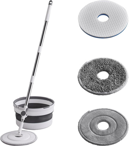Spin Mop and Bucket Set ，2 Replaceable Microfiber Mop Pads，1 Magic Sponge Eraser pad for Deep-Cleaning Mops for Floors (Mop Set, 10" Mop-Head)