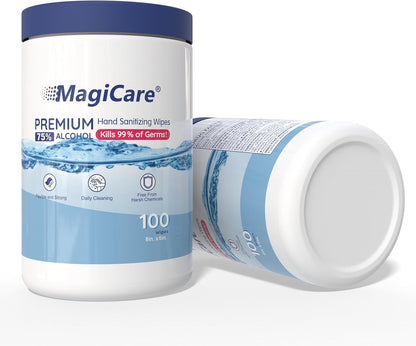 MagiCare 75% Large Alcohol Wipes (2, 100ct Canisters, 200ct) - Hand Sanitizer Wipes, Unscented Hand Wipe, Cleaning, Sanitizing Wipe - Home, Office, Classroom, Car, Camping