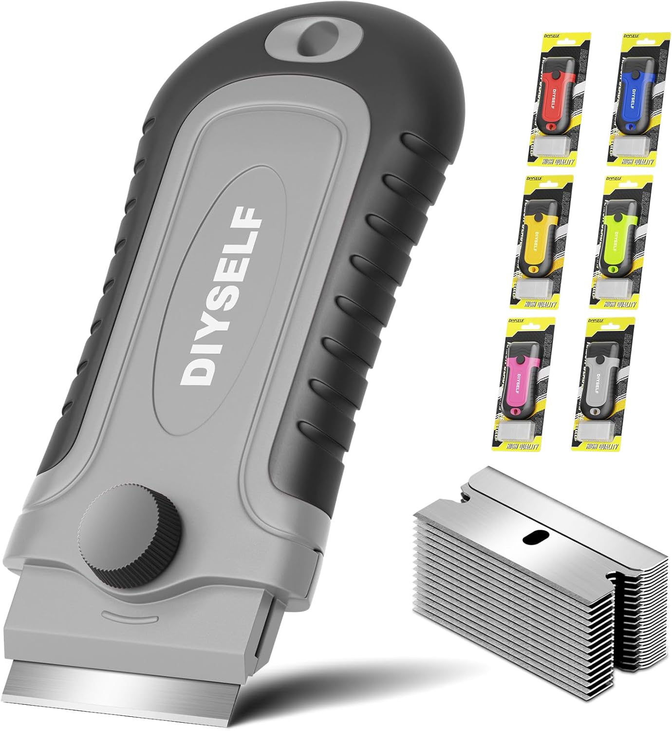DIYSELF 1 Pack Razor Blade Scraper with 15 Extra Blades, Scraper Tool for Cleaning Window, Paint, Cooktop, Oven, Glass Stove Top Scraper, Razor Scraper with Buit-In Blade Storage