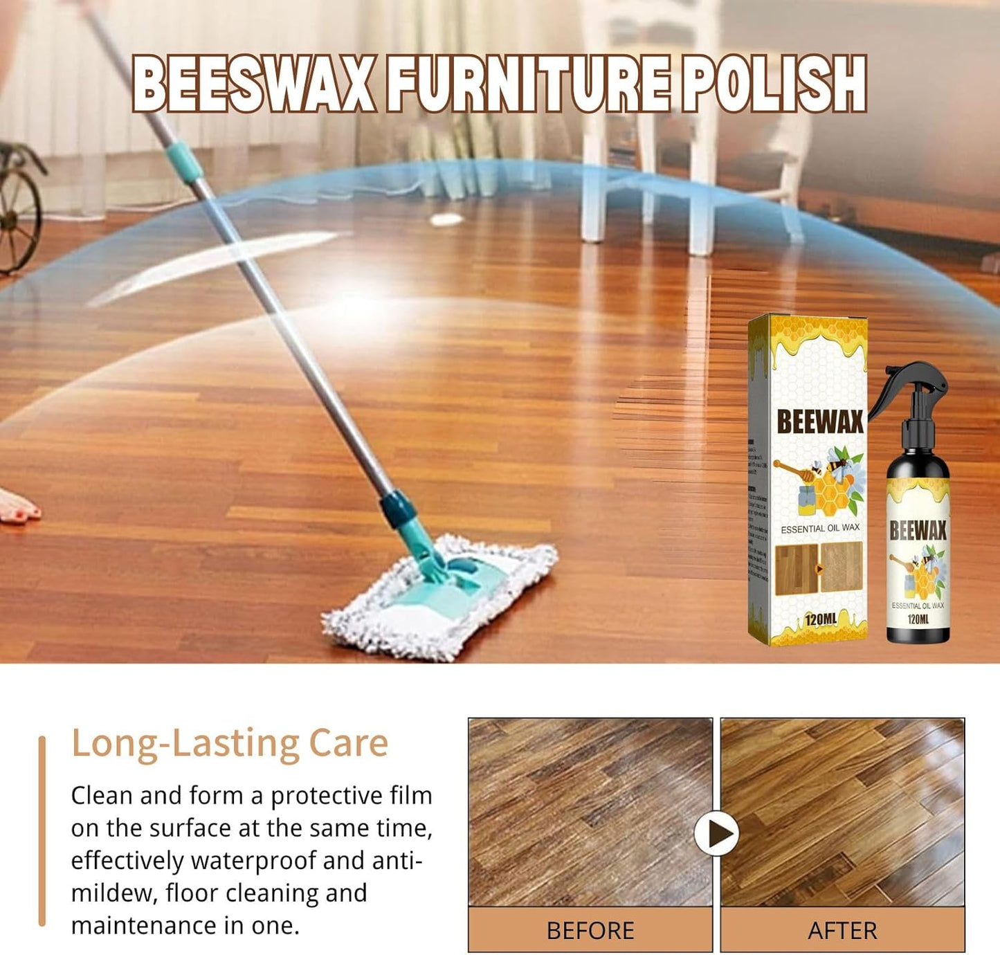 Beewax Essential Oil Wax, 2PCS Beeswax Spray, Beeswax Spray Furniture Polish, Bees wax Wood Polish, Bees wax Care spray & Restorer for Wood Floors, Furniture, Tables, Cabinets