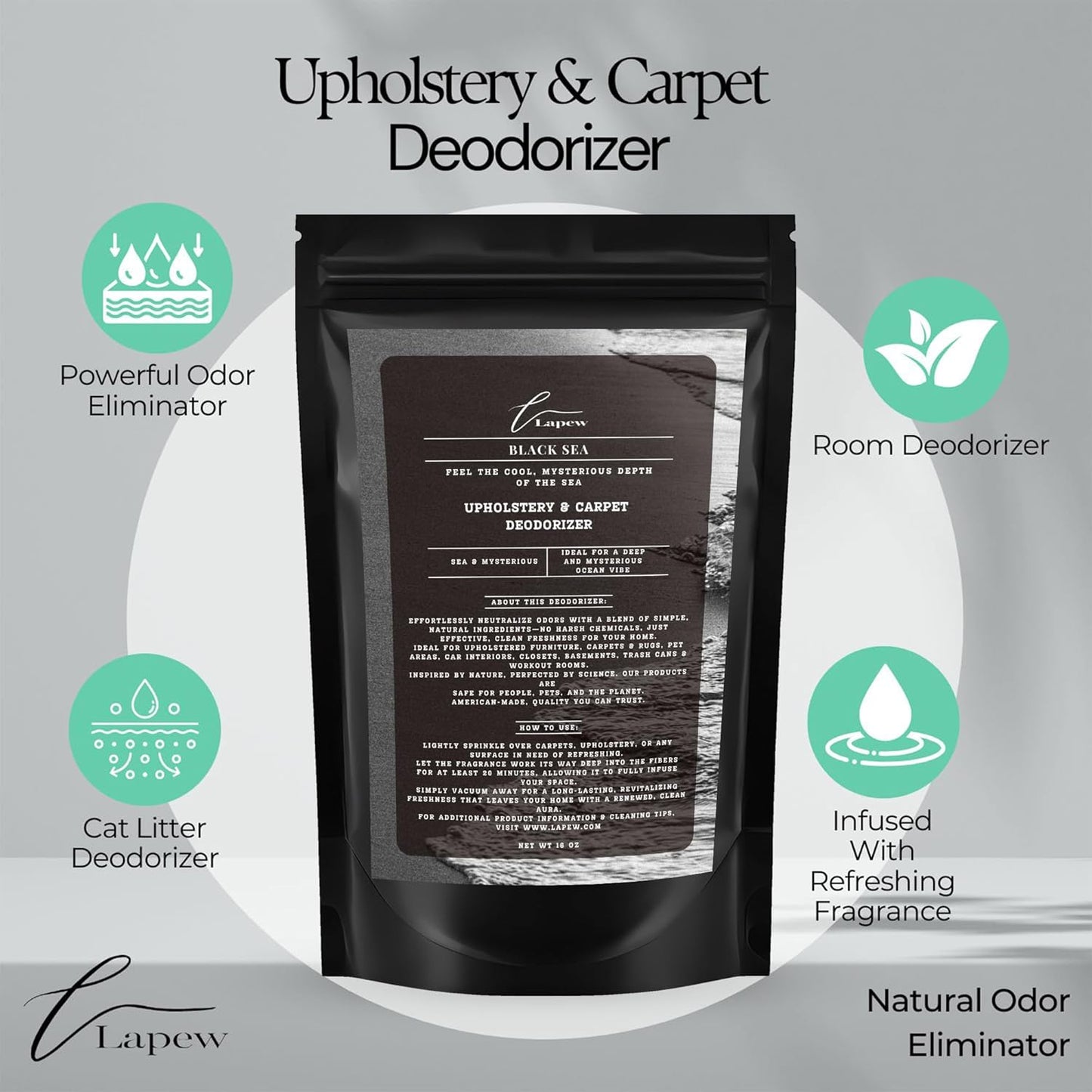 Lapew Black Sea Scented Cleaning Bundle | Carpet Deodorizer Powder (16 oz) & Mop Soap Concentrate (36 oz) | Pet-Friendly Odor Eliminator - Colors A